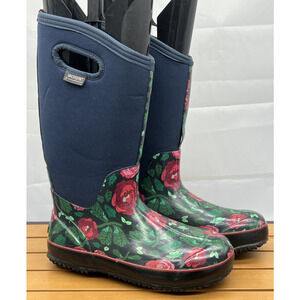 Navy Bogs Womens Sz 8 Rose garden Floral Tall Boots Rubber Shoes Red Green Black